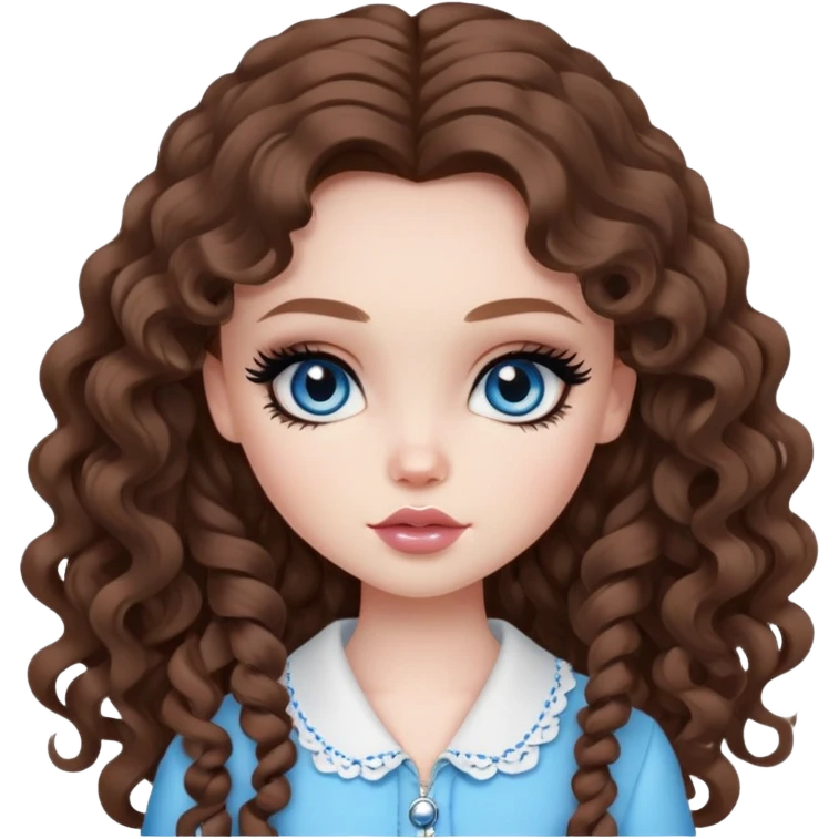 pretty bratz girl, long curls brown hair, blue eyes, black eyeliner, pale skin, girly style emoji