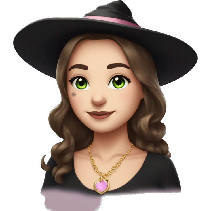 Witchy brunette haired green eyed lightly freckled white girl with a witty smile a gold necklace and a black witch hat with a baby pink bow emoji
