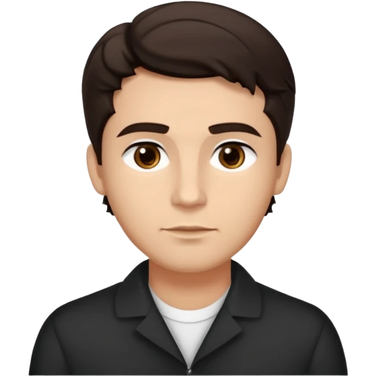 He’s a man with light to medium skin, a defined oval face, full brows, deep-set eyes, and wavy short dark brown hair styled with height, sides are trimmed. expression calm and focused relaxed black open-collar .polished, articulate, and trainer vibe. emoji