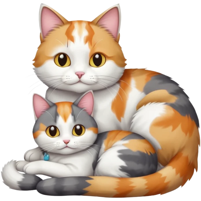 full body colourful light patched calico + white tabby cat cuddling a big grey and white cat  emoji
