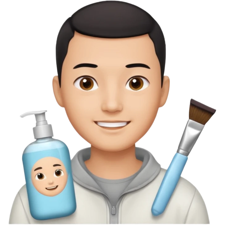 try different skincare products for chinese man with buzz cut (short black hair) doing skincare emoji