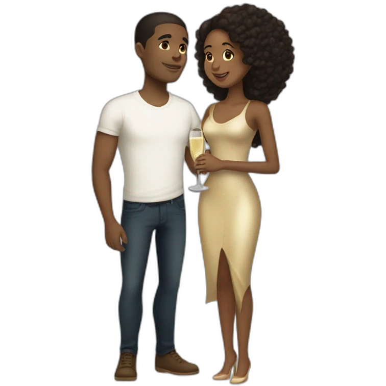 Tall lightskin man with champagne, hugging short darkskin woman emoji