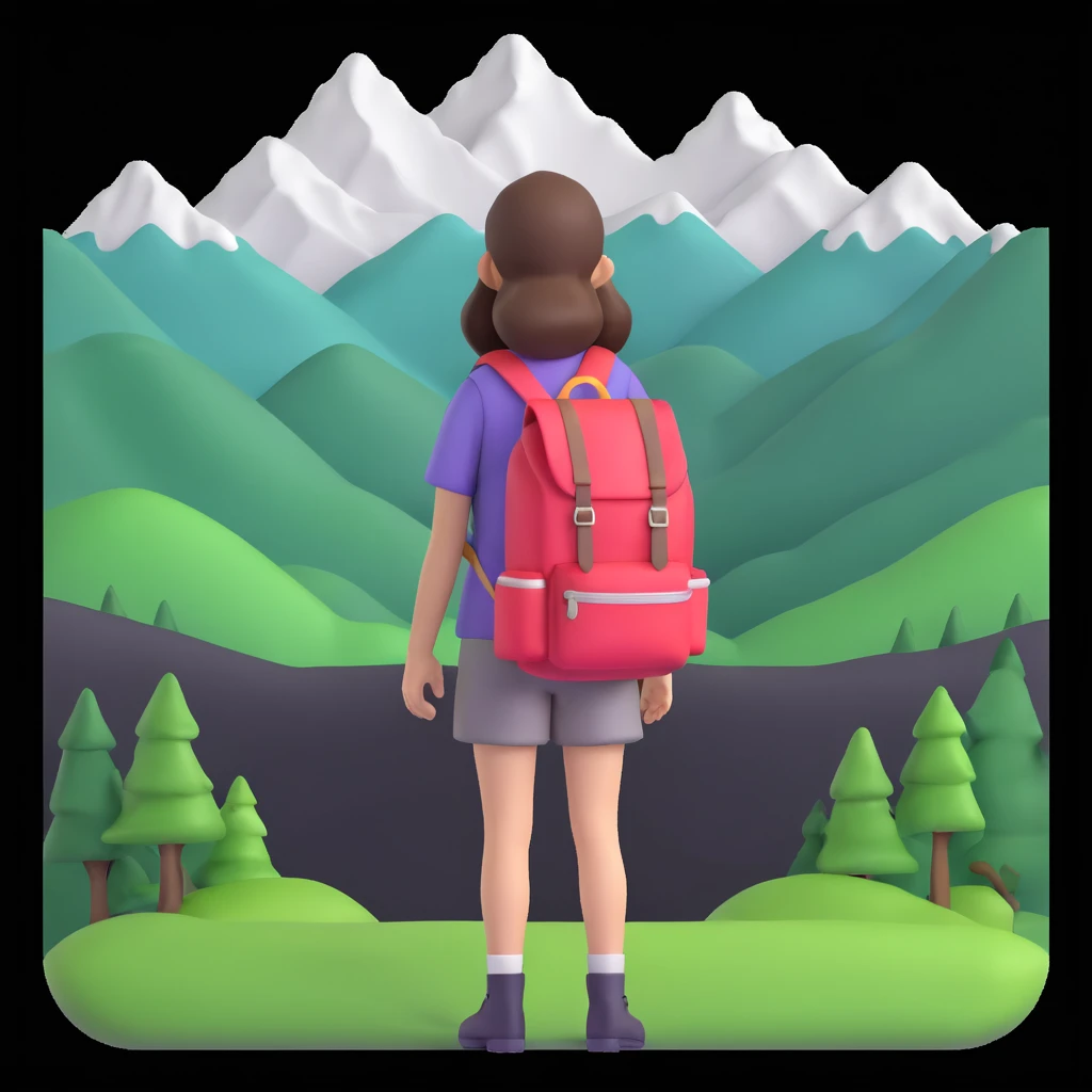 portrait of girl back packing mountains in background, close up pose emoji