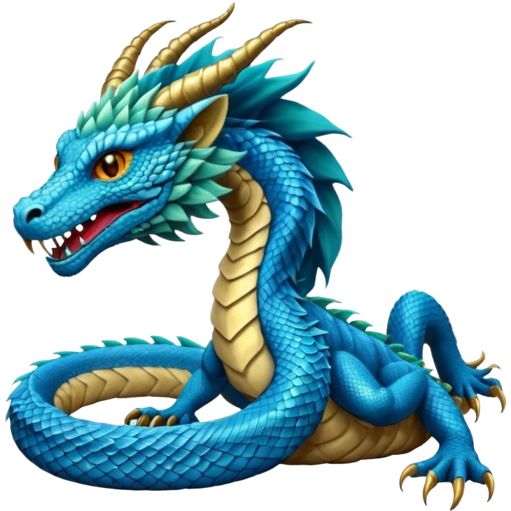 Mušḫuššu, mythic hybrid: blue or turquoise dragon-snake body, lion mane, lion forelegs, eagle talons, horned dragon head, lizard tail, ancient and regal emoji