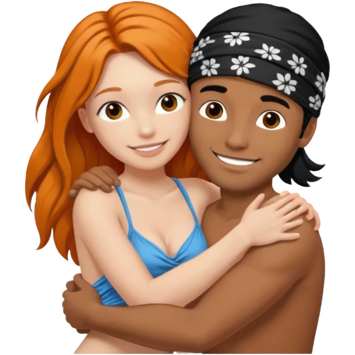 Brown guy with black hair with bandana on his head naked hugging a white girl with long ginger hair naked emoji
