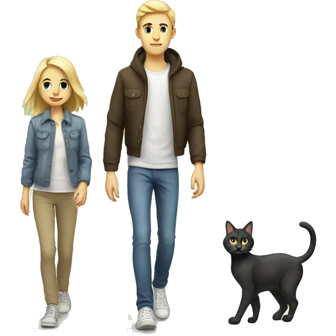 Young white Familie skinny casual walking and cat emoji