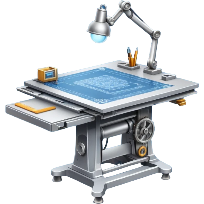 An icon featuring an engineering drafting table with a blueprint, a ready machine, and microchips, symbolizing engineering. The design includes gears, tools, and circuit boards, representing the design, creation, and innovation in technology. Transparent background highlights the science of building emoji