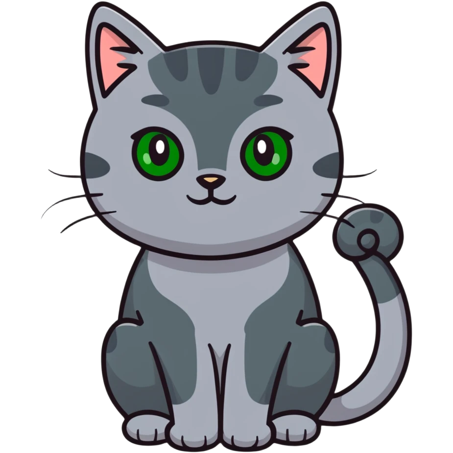 Elegant gray cat with smooth fur, large green eyes, serene expression, sitting facing camera emoji