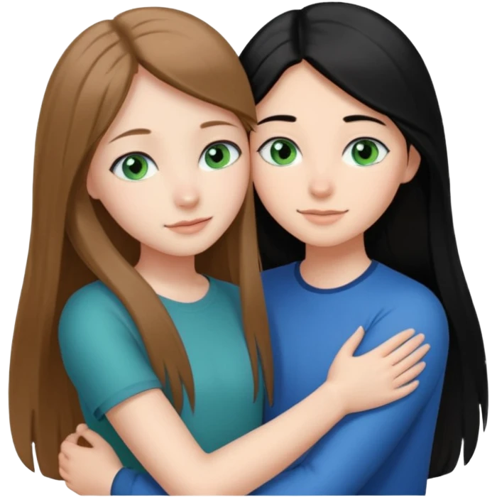 una ragazza dall‘ età di 19 anni con capelli castani chiaro lunghi e lisci ,  occhi celesti,  e una ragazza di 17 anni capelli neri occhi verdi che si abbracciano   emoji