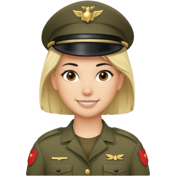 Apple-style emoji: female soldier, bust, no cap/helmet, friendly smile,black color blonde hair emoji