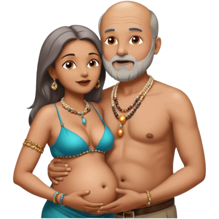 A man in his 69s balding with a grey beard passionate ly kissing the belly botton of an Indian woman in her 40s wearing a beads chain with here cleavage visible and embracing the man emoji
