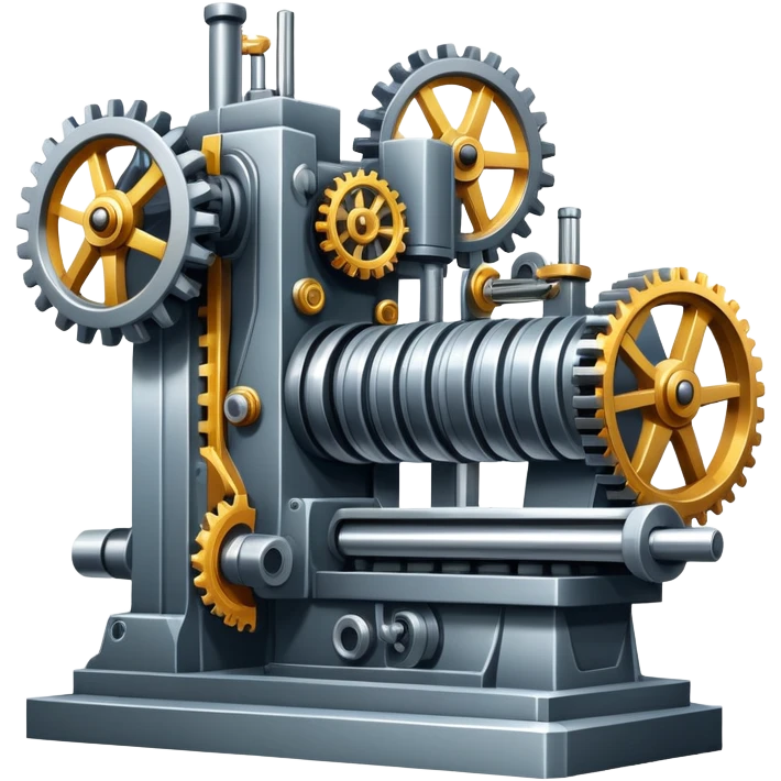 An icon featuring a giant machine tool in a factory workshop, symbolizing mechanical engineering. The design includes gears, levers, and mechanical components, representing the design and manufacturing of machinery. Transparent background highlights the precision emoji