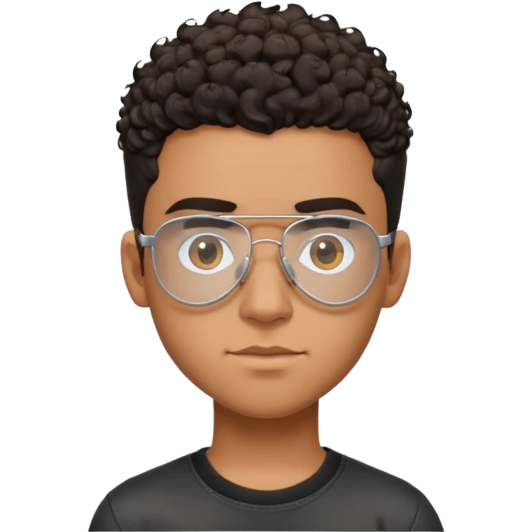 Young Latino with big forehead, metal-framed aviator glasses, very short curly dark hair on top with shaved sides, neutral expression, brown skin, black t-shirt emoji