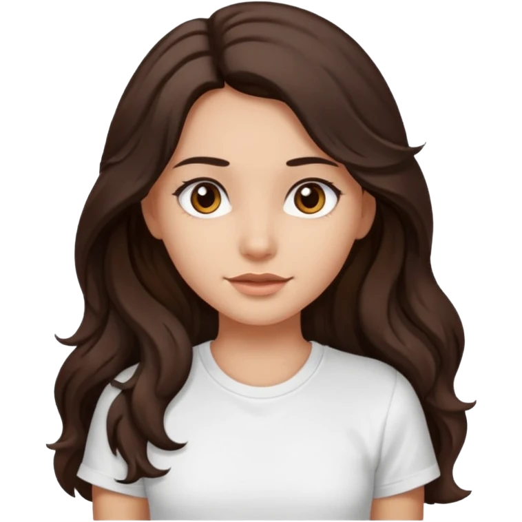 iOS style emoji. A girl with very long dark brown wavy hair. And the eyes color is dark brown. And she is wearing white t shirt  emoji