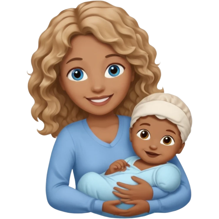 Light brown white wavy haired mom and blue eyeswith brown skinned newborn baby emoji