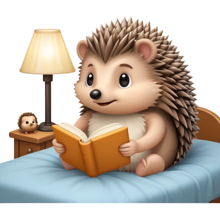hedgehog reading in bed with retro light lamp next to it emoji