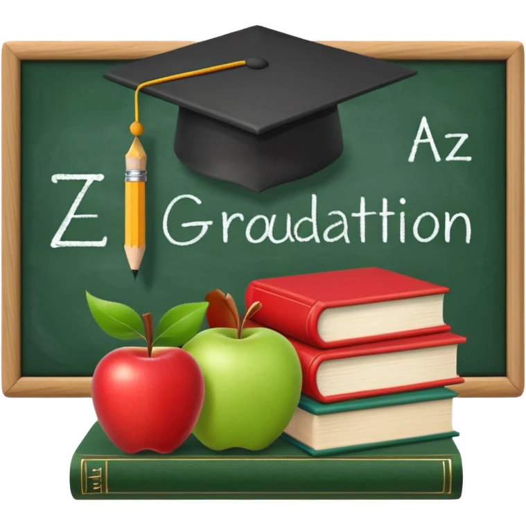 An icon featuring a chalkboard with educational equations, an apple, and a pencil, symbolizing pedagogy. The design includes a stack of books and a graduation cap, representing teaching and learning. Transparent background highlights the dedication to education and mentorship. emoji