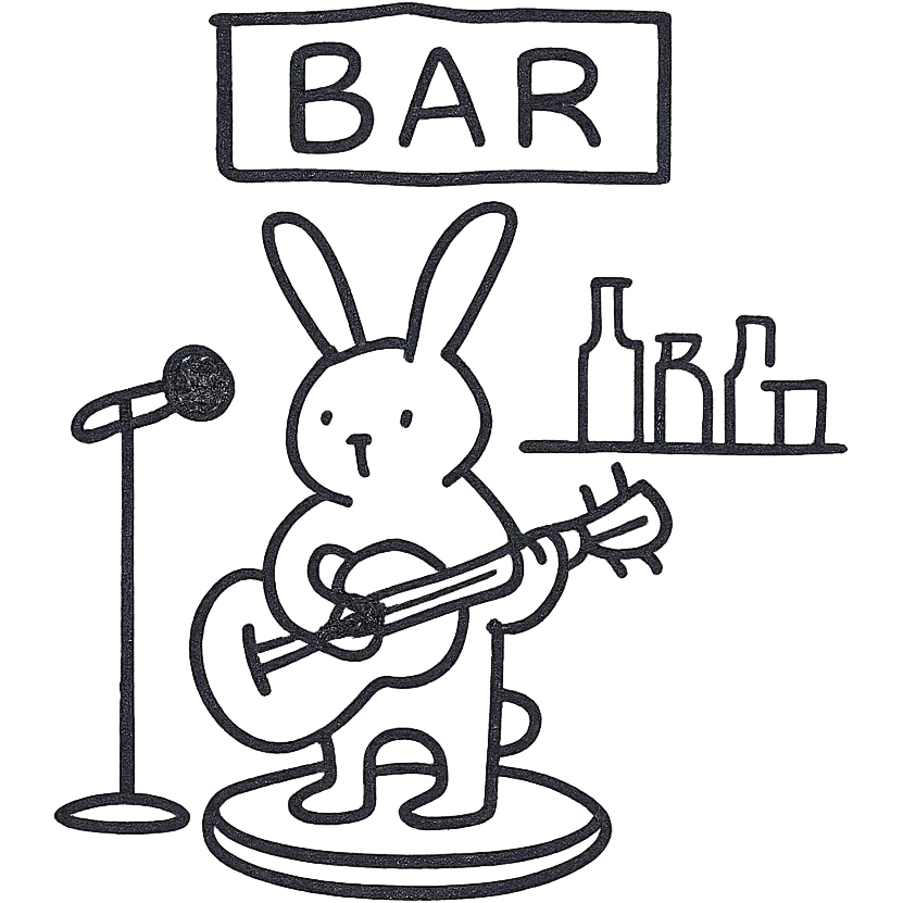 cute line drawing for coloring: a rabbit playing guitar in a bar, simple line style, no fill, for children to color emoji