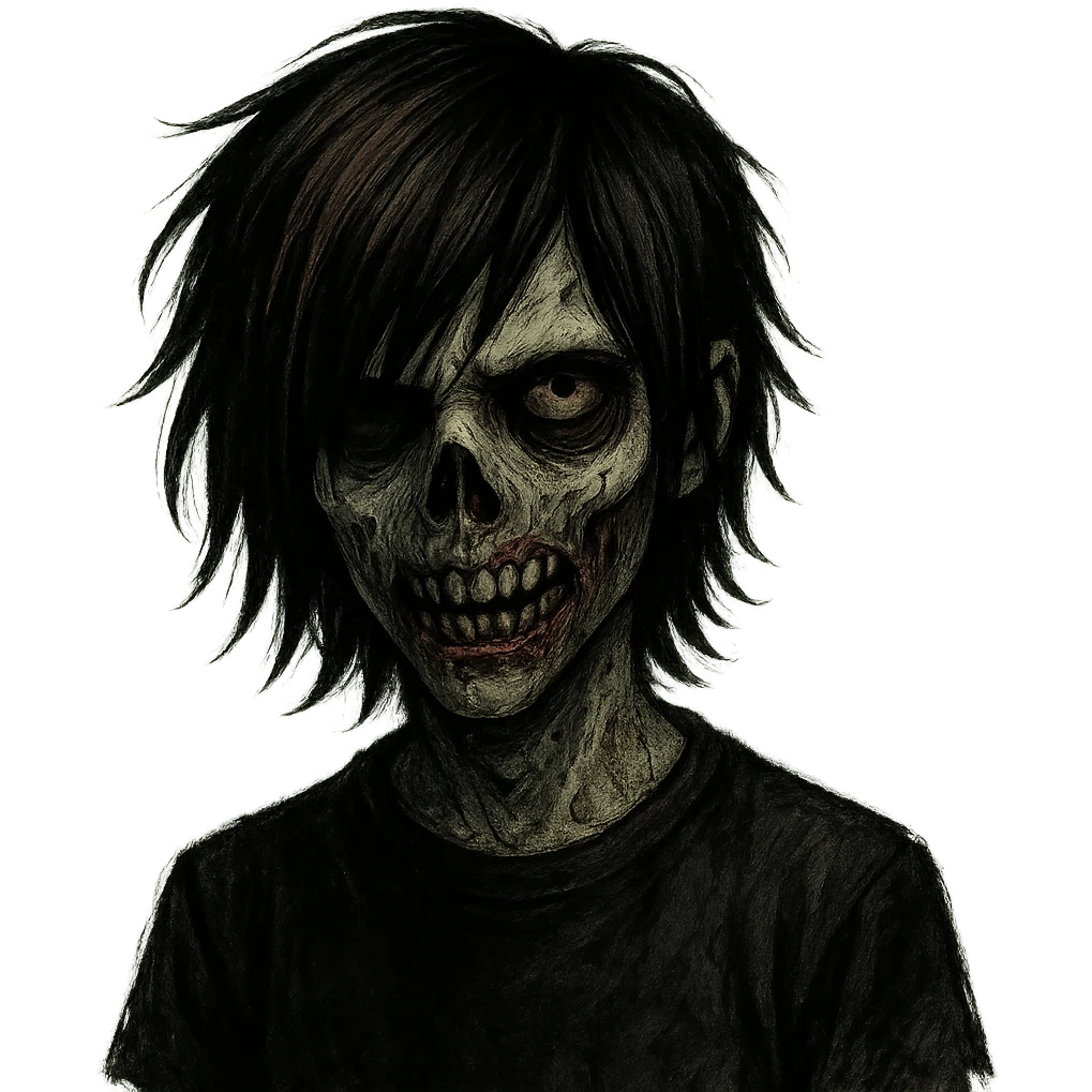 spooky zombie boy, emo style, medium-long hair with black and brown shades, sinister and creepy face emoji