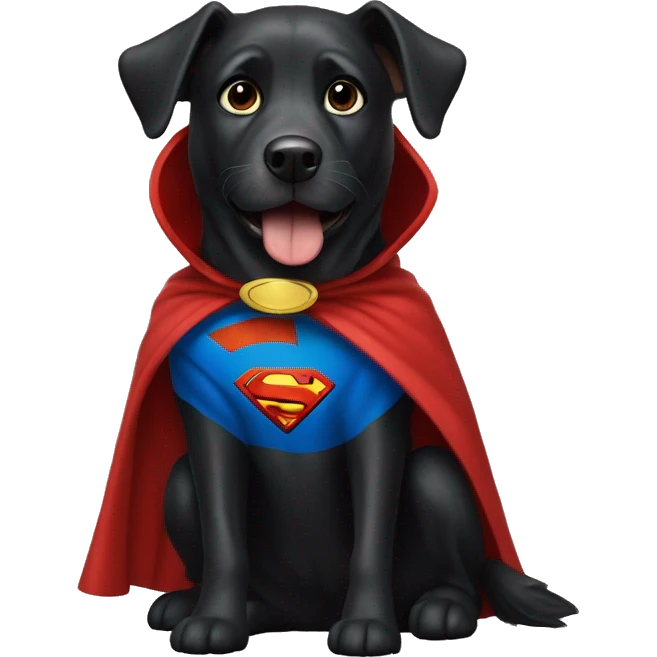 Black dog wearing Superman cape emoji
