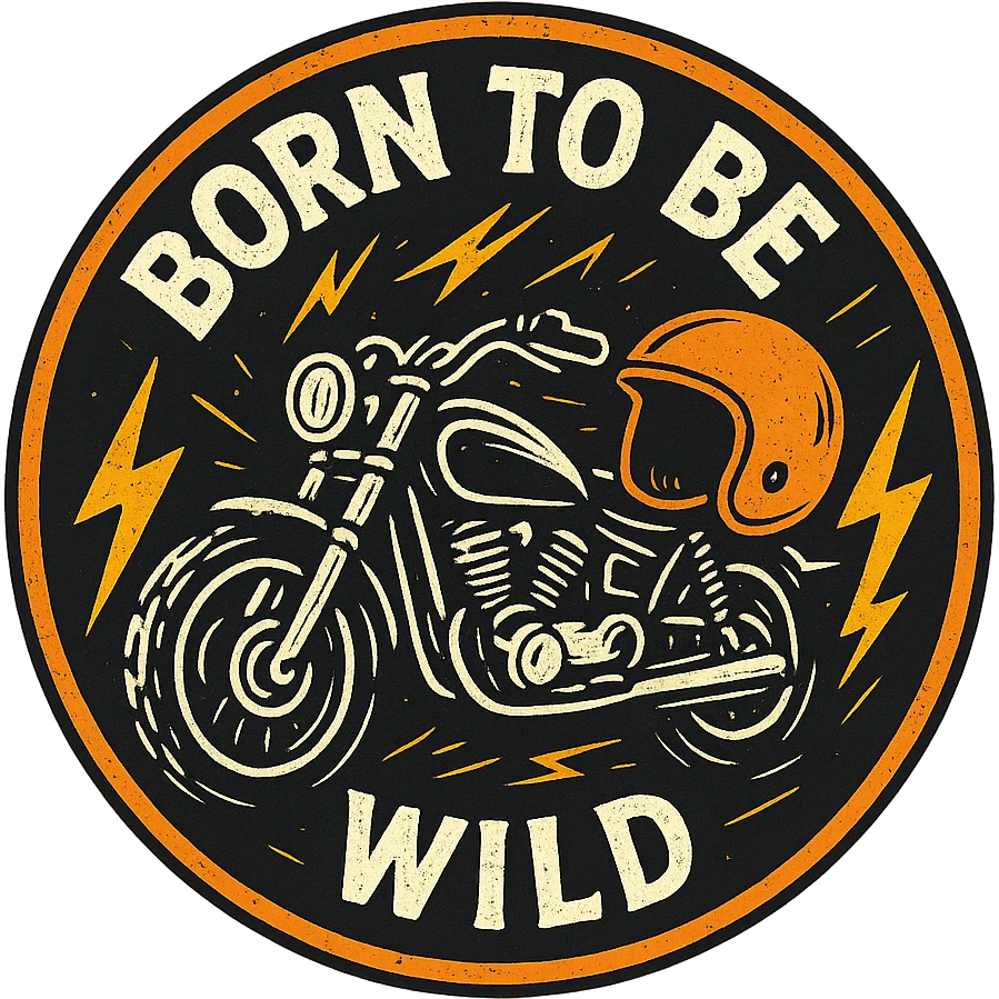 circular motorcycle cap design with transparent background, text 'Born to be wild', motif: lightning, motorcycle, helmet, dynamic style emoji