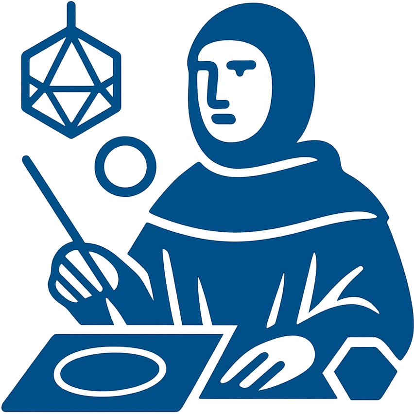 Create a modern flat design logo inspired by Luca Pacioli, using geometric forms and mathematical references, omitting the tool to his right. Use a blue palette, try a monogram or abstract icon approach. emoji