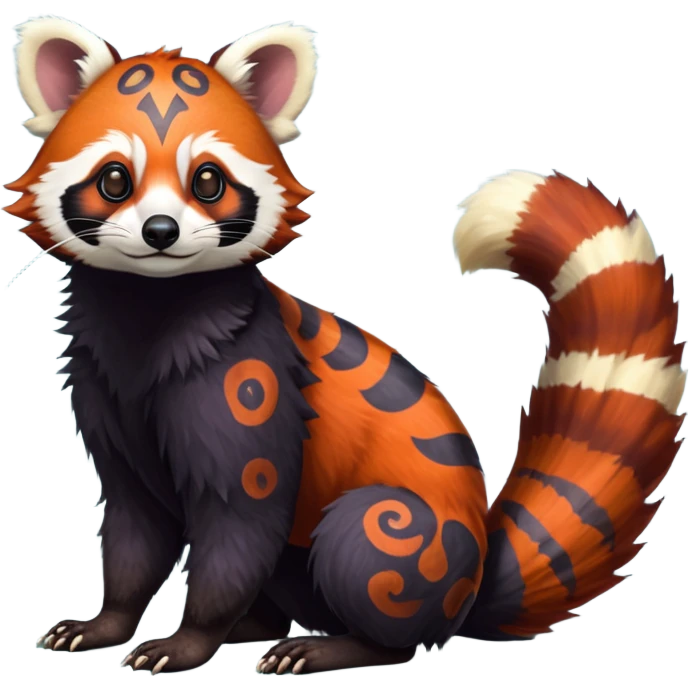 A beaked beaky 4-legged, feral, digitigrade, lanky, elegant, Colorful exotic tropical tribal cute happy realistic esoteric patterned fluffy furry dark civet-cacomistle-genet-red-panda-oncilla-Fakémon-fursona-hybrid-fusion-animal-creature, full body, 4-legged emoji