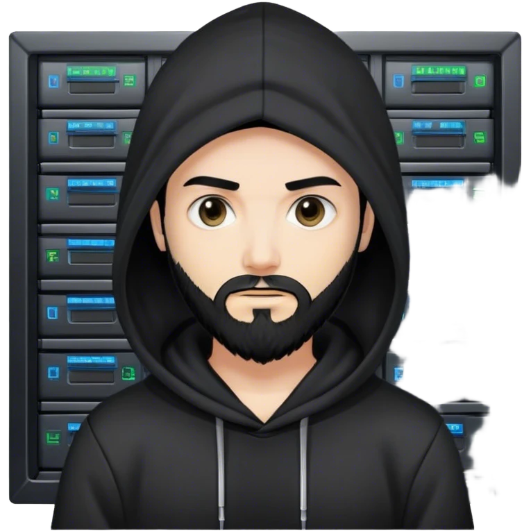 hackeur blanc cheveux noir barbe et capuche noir à côté d'un server ia emoji
