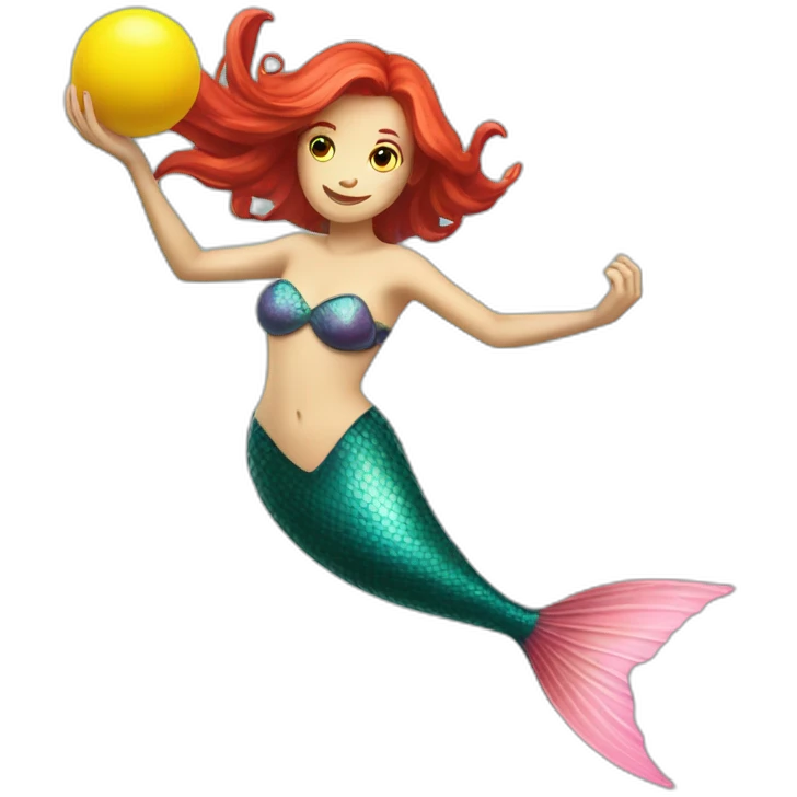 Underwater redhead mermaid swimming with fins, snorkel equipement, holding a small yellow ball, looking strong and fighting emoji