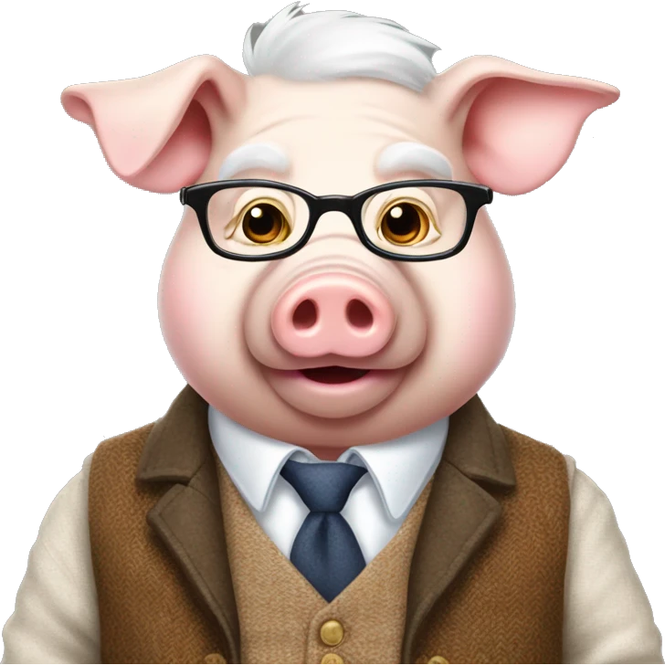 Elderly pig dressed in white shirt, vest and tweed jacket wearing glasses emoji
