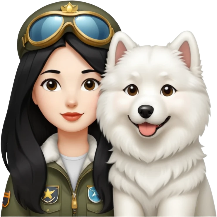 a aviatic girl with long black  hair and a samoyed emoji