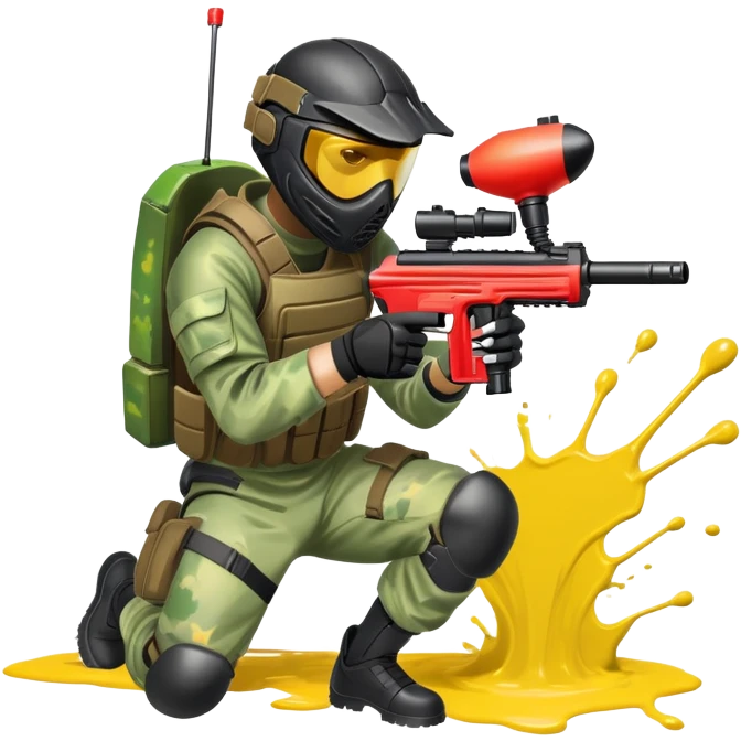 A paintball player in full gear, aiming a paintball gun with focus and determination. The scene includes vibrant splashes of paint and a dynamic battlefield setting, emphasizing action, strategy, and teamwork in a competitive environment emoji