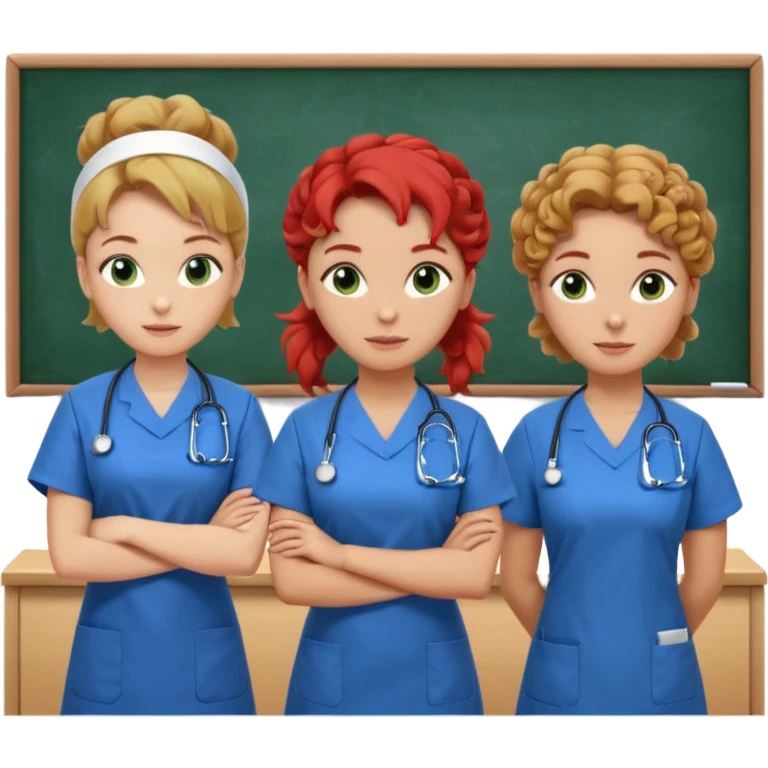 3 nurses: nurse 1 is wearing green work clothes, curly hair, middle european. nurse 2 is wearing blue work clothes, blond straight hair, scandinavic, nurse 3 is wearing white work clothes, red hair put into a bun, slavic. they all stand in a classroom, "Academy" written in white on board emoji