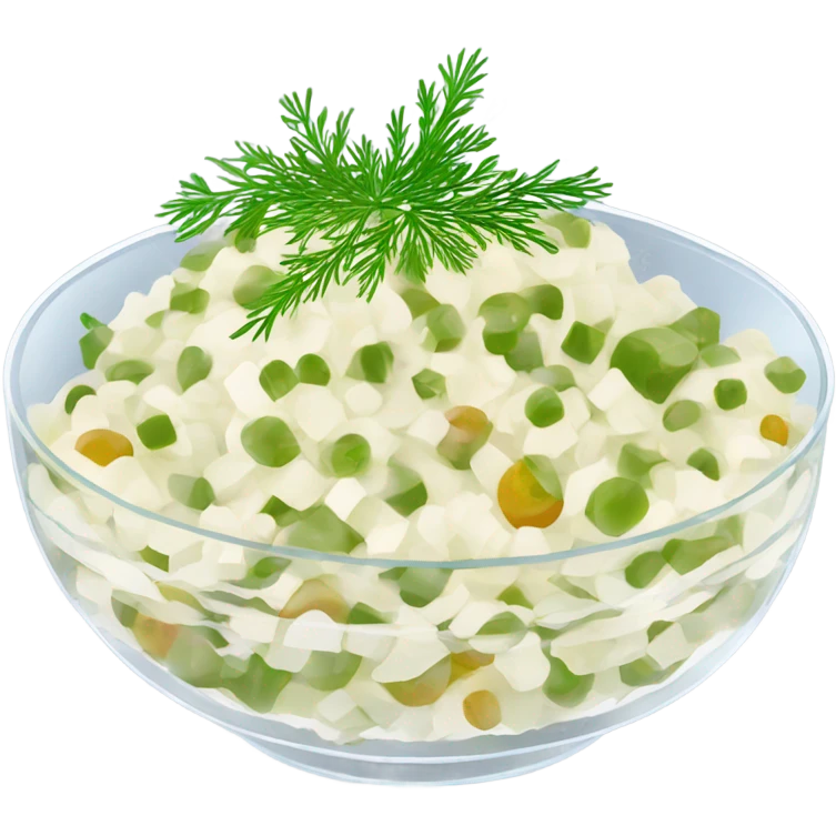 russian salad olivier on a crystal bowl, dill on top of a dish, view from the side  emoji