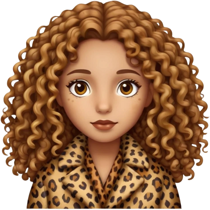 Light brown girl with long curly hair and hazel eyes in leopard print coat  emoji