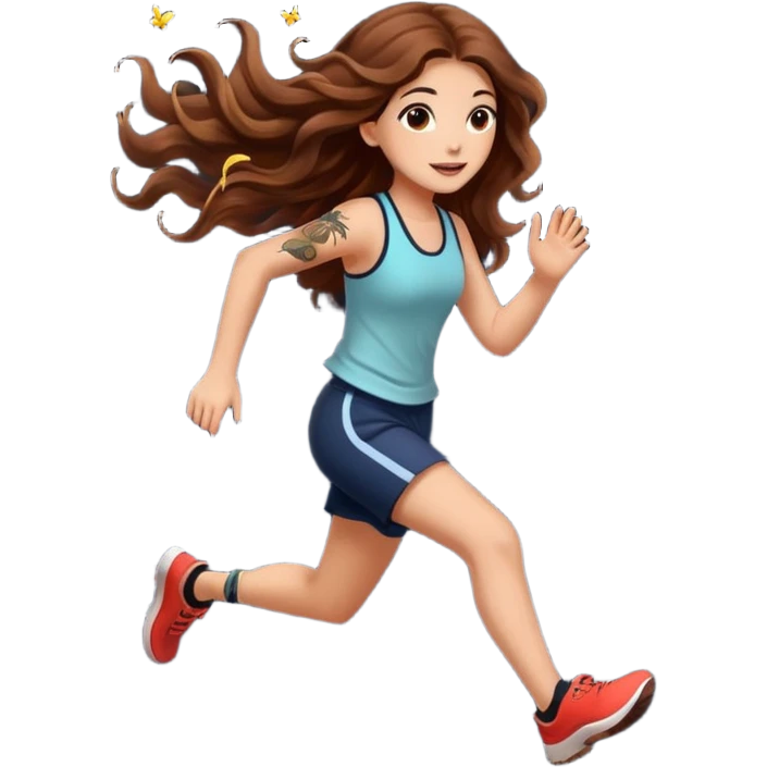 cute woman long wavy brown hair tattoos running from fireflies emoji
