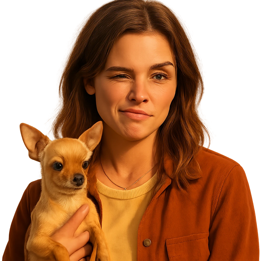 Portrait of a woman inspired by the facial features visible in the reference images, with a tanned complexion and subtle freckles. She wears a shirt in color #FFF8CA and a rust-colored jacket. Her hair is medium-length brown with auburn highlights. She has a rebellious and playful expression, holding a beige-brown chihuahua. The style is inspired by a Netflix series, with a transparent background. The lighting and color ambiance are inspired by Tenerife, with a touch of emotion and authenticity like an Instagram diary. emoji