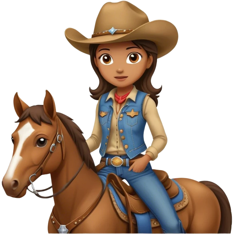 Girl with a cowboy hat jeans and a vest riding a quarter horse emoji