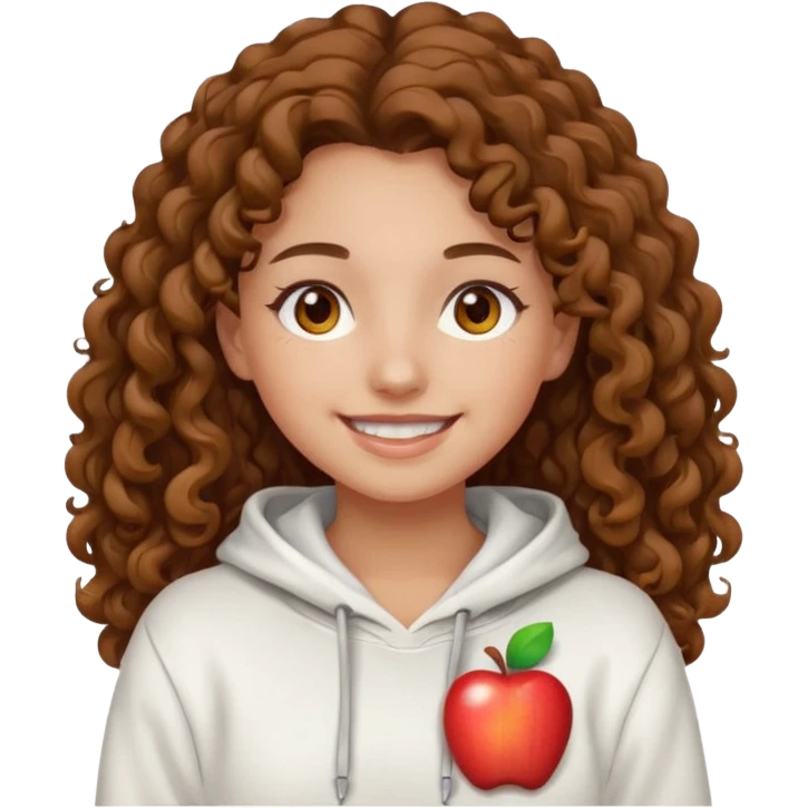 Una ragazza con una felpa semplice bianca,ha gli occhi marroni,i capelli marroni  , c’è gli ha lunghi e ricci  e ha le ciglia lo stile dell immagine deve essere  stile emoji apple emoji
