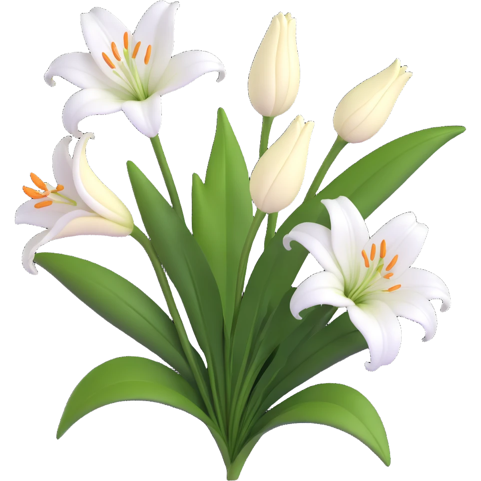 Elegant white lily flower with detailed petals and green foliage emoji