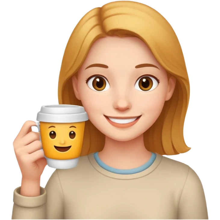 smiling girl indoors with cup emoji