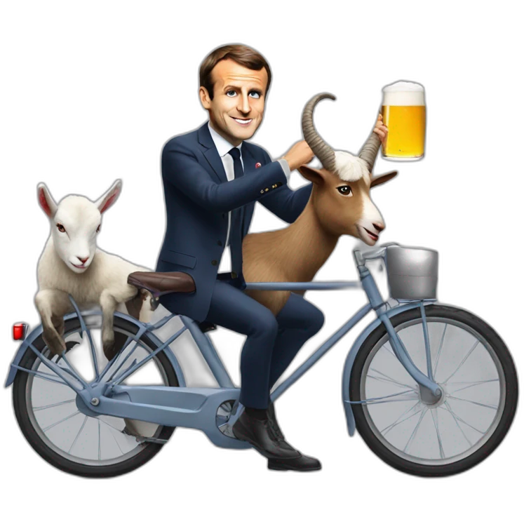 Emmanuel Macron drink a beer on a bike with a goat emoji