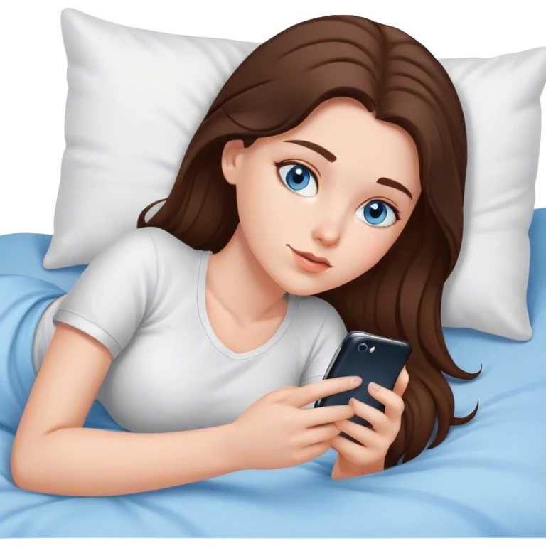 White girl brunett blue eyes, laying In bed on her stomach using her phone emoji