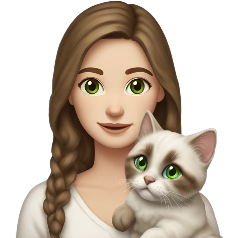 white woman with medium-length brown hair, green eyes and brown freckles on the face under the eyes, holding her sacre de birmanie kitten in her arms with much love, the baby cat has blue eyes, a lot of dark areas on ears and middle of the face. emoji