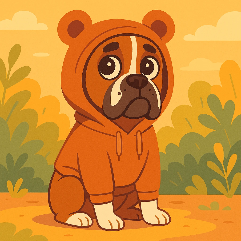 perro bóxer sentado, mirada tierna, buzo con capucha de orejas de osito marrón, iluminación golden hour, entorno natural con follaje, pastel toon style emoji