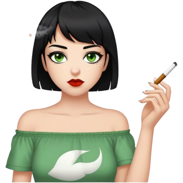 Someone smoking a joint with green eyes and red eye whites, with short black hair s little past the shoulders an has side bangs and a off shoulder nirvana shirt emoji