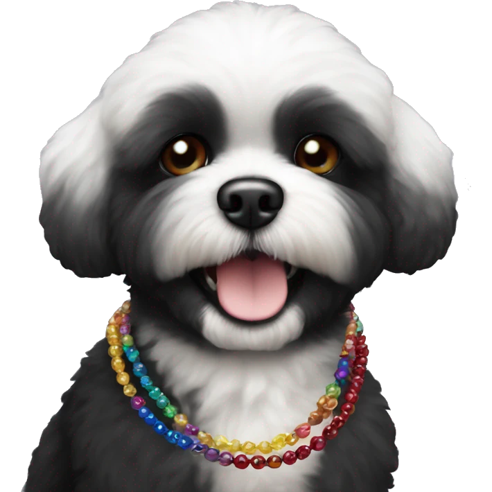 One Small furry Black bichon with one  colorful bead necklaces with brown harness emoji