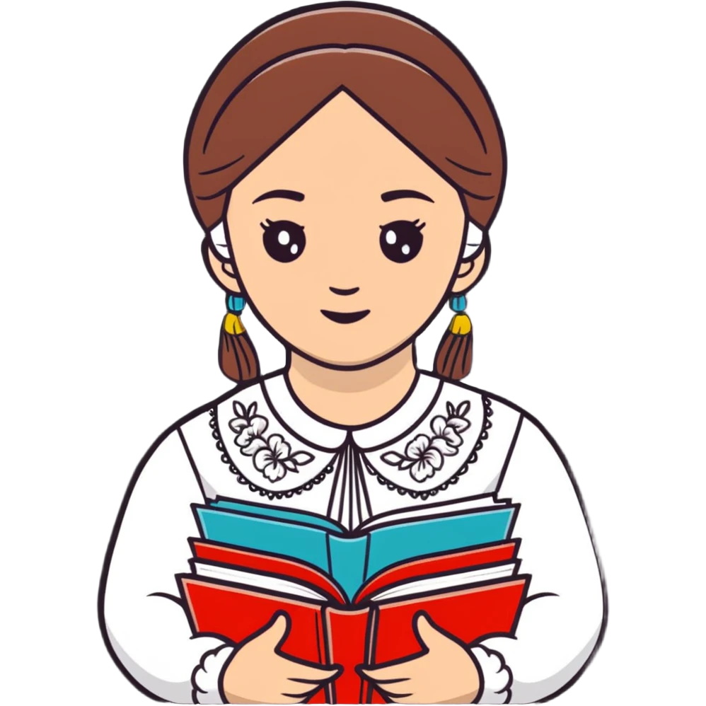 Young Ukrainian librarian wearing a traditional white embroidered vyshyvanka shirt with books emoji