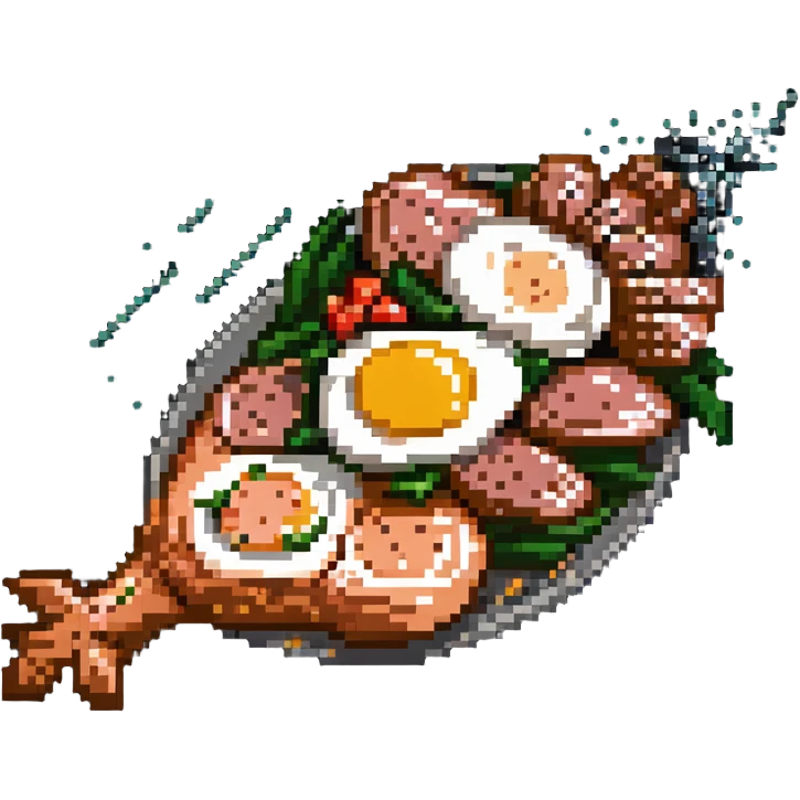 Pixel art protein explosion with chicken breast, steak, salmon, and egg shooting upward from bottom, with sparkle effects, DNA pixel animations around them, and simplified muscle figure outline in background emoji