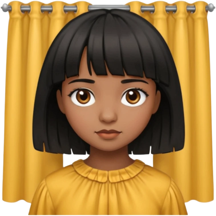 Girl that has a short black hime cut with curtain bangs, then dark brown eyes, and has a bit brown skin emoji